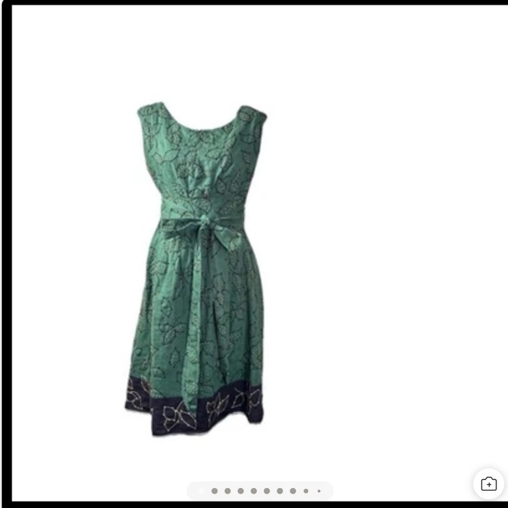 Lafayette 148 Linen Belted Green Brown Embroidered Beaded Midi Dress Preppy Sz 6